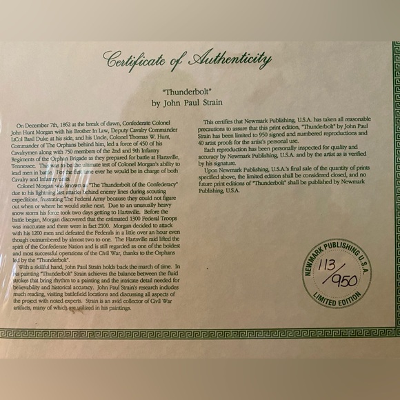 THUNDERBOLT by John Paul Strain Civil War Print #113/950 Signed COA Never Framed - Picture 5 of 5